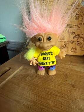 Vintage Russ Troll Doll World's Best Babysitter Holding Baby Pink Hair 5"